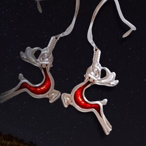Sterling Silver & Red Dangle Reindeer Earrings Holiday Gift New!